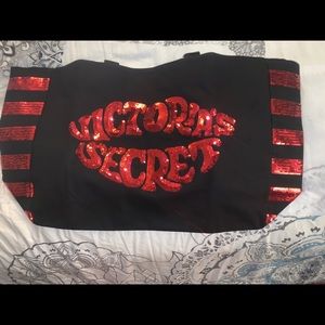 VS Pink Large Black Red Canvas Tote W Sequence